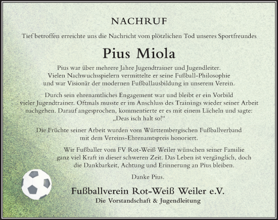 Traueranzeige von Pius Miola von Der Westallgäuer
