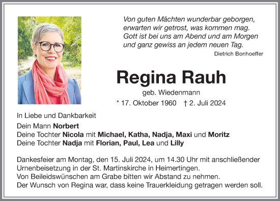 Traueranzeige von Regina Rauh von Memminger Zeitung