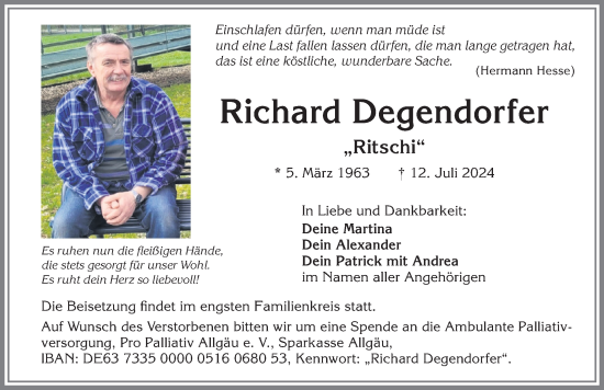 Traueranzeige von Richard Degendorfer von Allgäuer Zeitung,Kempten