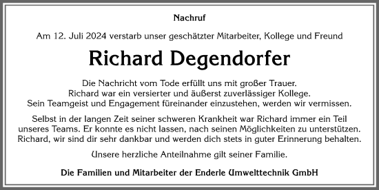 Traueranzeige von Richard Degendorfer von Allgäuer Zeitung,Kempten