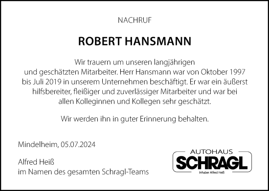 Traueranzeige von Robert Hansmann von Allgäuer Zeitung, Kaufbeuren/Buchloe