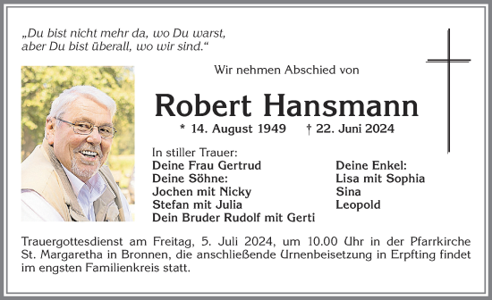Traueranzeige von Robert Hansmann von Allgäuer Zeitung, Kaufbeuren/Buchloe