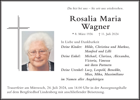 Traueranzeige von Rosalia Maria Wagner von Der Westallgäuer