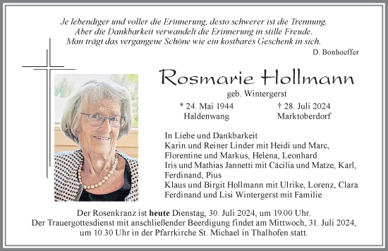 Traueranzeige von Rosmarie Hollmann von Allgäuer Zeitung,Kempten