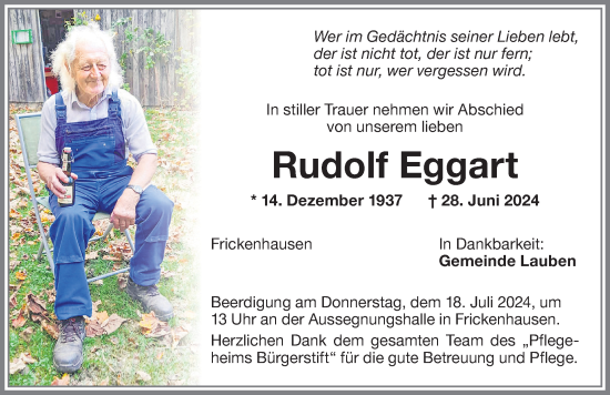 Traueranzeige von Rudolf Eggart von Memminger Zeitung