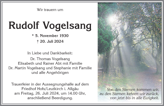 Traueranzeige von Rudolf Vogelsang von Allgäuer Zeitung, Füssen