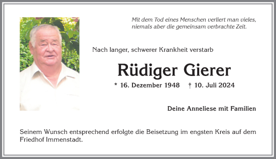 Traueranzeige von Rüdiger Gierer von Allgäuer Anzeigeblatt
