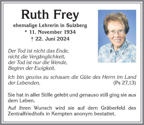Traueranzeige von Ruth Frey von Allgäuer Zeitung,Kempten