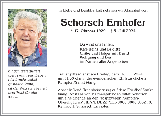 Traueranzeige von Schorsch Ernhofer von Allgäuer Zeitung,Kempten