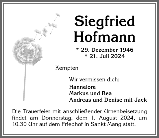 Traueranzeige von Siegfried Hofmann von Allgäuer Zeitung,Kempten