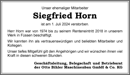 Traueranzeige von Siegfried Horn von Allgäuer Zeitung, Füssen