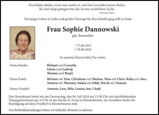 Traueranzeige von Sophie Dannowski von Augsburger Allgemeine, Illertisser Zeitung
