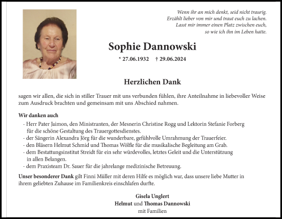 Traueranzeige von Sophie Dannowski von Augsburger Allgemeine, Illertisser Zeitung