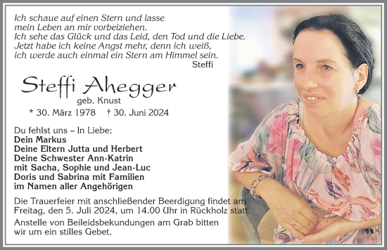 Traueranzeige von Steffi Ahegger von Allgäuer Zeitung, Füssen