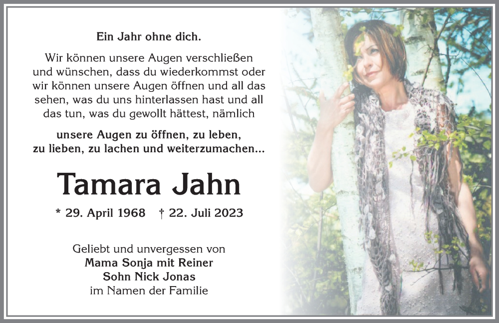  Traueranzeige für Tamara Jahn vom 22.07.2024 aus Allgäuer Zeitung,Kempten