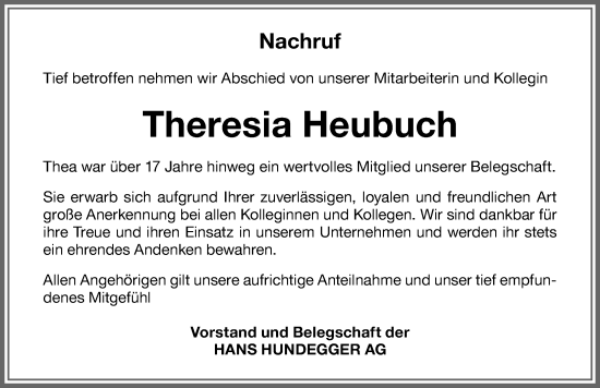 Traueranzeige von Theresia Heubuch von Memminger Zeitung
