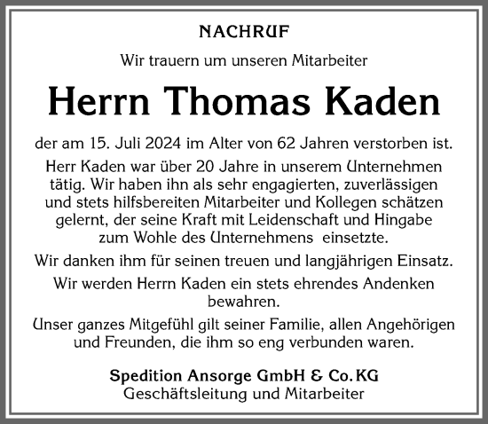 Traueranzeige von Thomas Kaden von Allgäuer Zeitung, Marktoberdorf