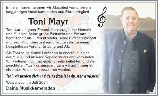 Traueranzeige von Toni Mayr von Allgäuer Zeitung, Füssen