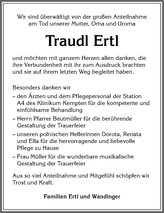 Traueranzeige von Traudl Ertl von Allgäuer Zeitung,Kempten