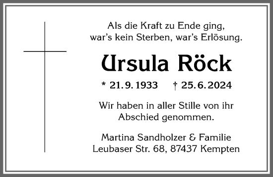 Traueranzeige von Ursula Röck von Allgäuer Zeitung,Kempten