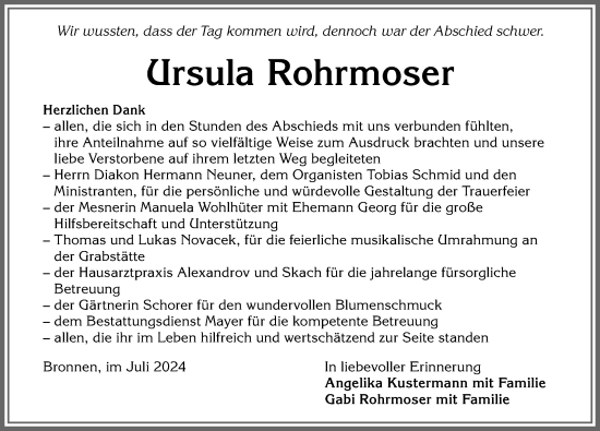 Traueranzeige von Ursula Rohrmoser von Allgäuer Zeitung, Kaufbeuren/Buchloe