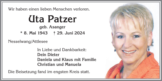 Traueranzeige von Uta Patzer von Allgäuer Zeitung, Füssen