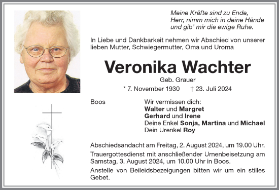Traueranzeige von Veronika Wachter von Memminger Zeitung