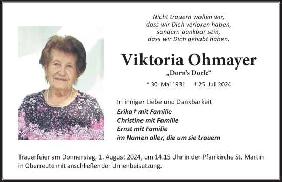 Traueranzeige von Viktoria Ohmayer von Der Westallgäuer
