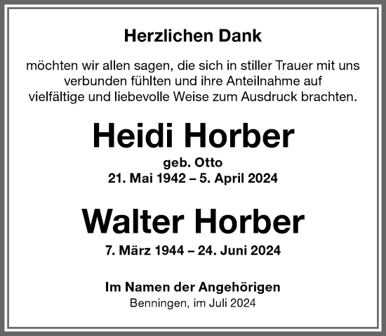 Traueranzeige von Walter Horber von Memminger Zeitung