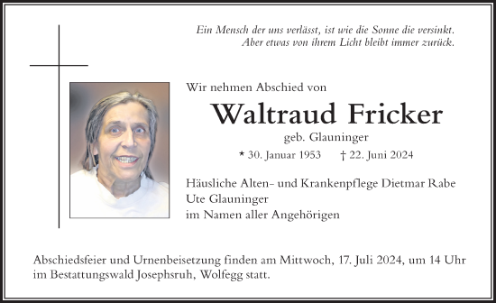 Traueranzeige von Waltraud Fricker von Der Westallgäuer