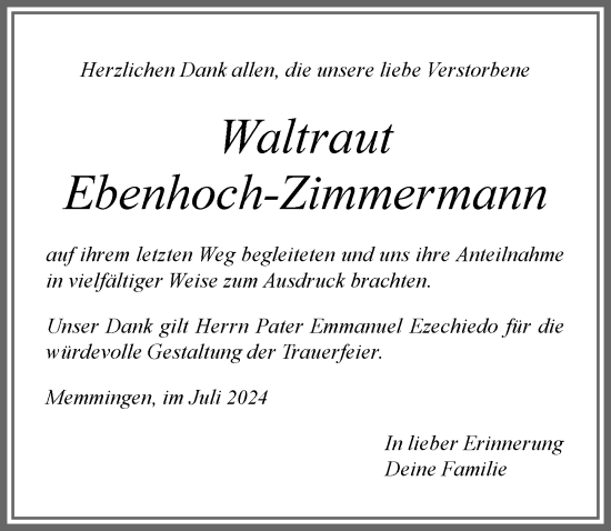 Traueranzeige von Waltraut Ebenhoch-Zimmermann von Memminger Zeitung
