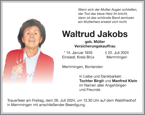 Traueranzeige von Waltrud Jakobs von Memminger Zeitung