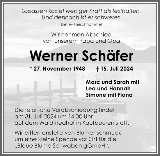 Traueranzeige von Werner Schäfer von Allgäuer Zeitung, Kaufbeuren/Buchloe
