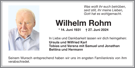 Traueranzeige von Wilhelm Rohm von Memminger Zeitung