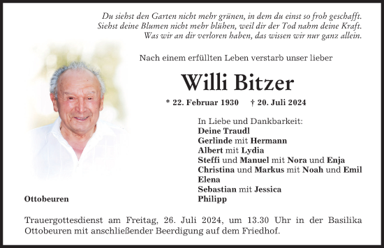 Traueranzeige von Willi Bitzer von Memminger Zeitung