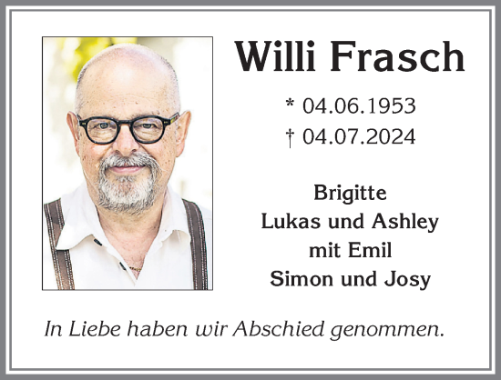 Traueranzeige von Willi Frasch von Allgäuer Zeitung,Kempten