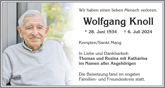Traueranzeige von Wolfgang Knoll von Allgäuer Zeitung,Kempten