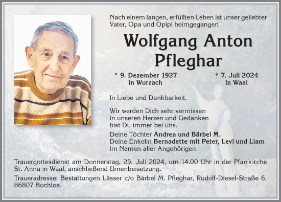 Traueranzeige von Wolfgang Anton Pfleghar von Allgäuer Zeitung, Kaufbeuren/Buchloe