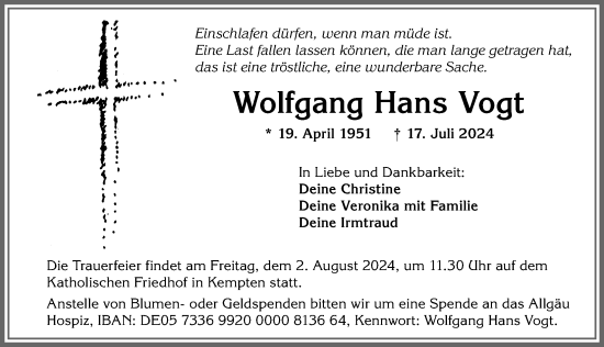 Traueranzeige von Wolfgang Hans Vogt von Allgäuer Zeitung,Kempten