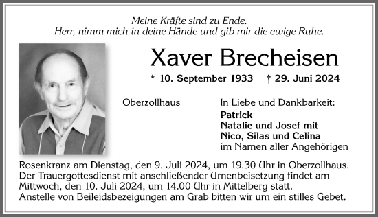 Traueranzeige von Xaver Brecheisen von Allgäuer Zeitung,Kempten