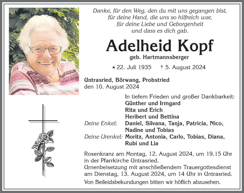  Traueranzeige für Adelheid Kopf vom 10.08.2024 aus Allgäuer Zeitung, Marktoberdorf