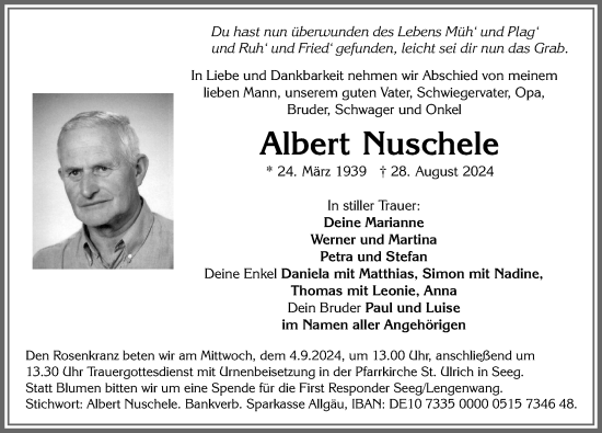 Traueranzeige von Albert Nuschele von Allgäuer Zeitung, Marktoberdorf