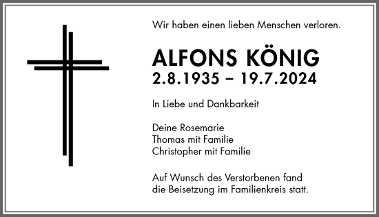 Traueranzeige von Alfons König von Allgäuer Zeitung, Füssen