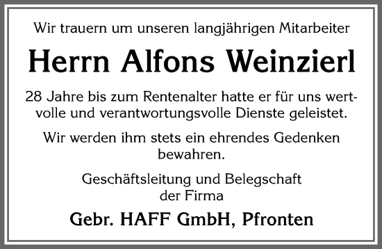 Traueranzeige von Alfons Weinzierl von Allgäuer Zeitung, Füssen