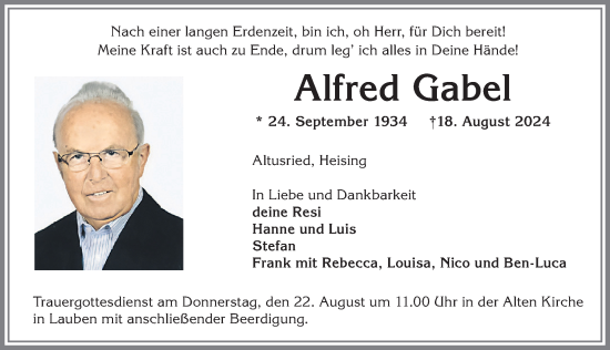 Traueranzeige von Alfred Gabel von Allgäuer Zeitung,Kempten