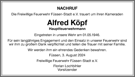 Traueranzeige von Alfred Köpf von Allgäuer Zeitung, Füssen