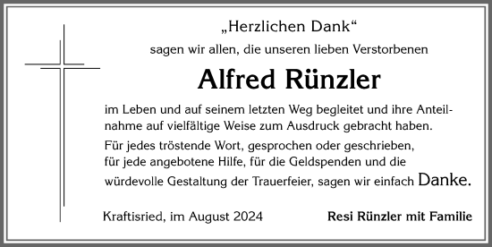 Traueranzeige von Alfred Rünzler von Allgäuer Zeitung, Marktoberdorf