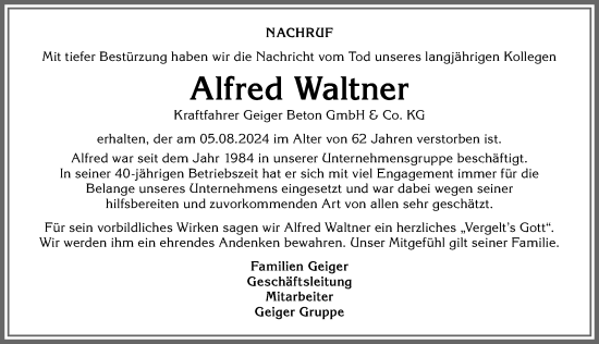 Traueranzeige von Alfred Waltner von Allgäuer Anzeigeblatt