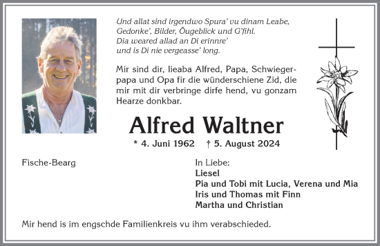 Traueranzeige von Alfred Waltner von Allgäuer Anzeigeblatt