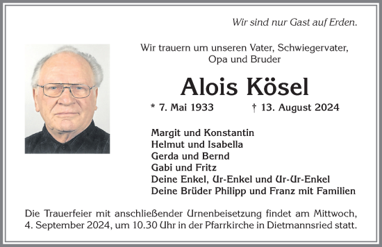 Traueranzeige von Alois Kösel von Allgäuer Zeitung,Kempten